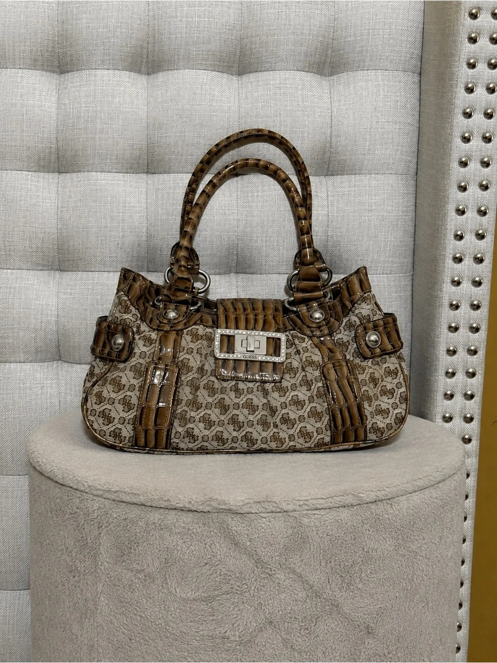 Vintage Guess Brown Monogram Shoulder Bag with Croc-Trim Accents